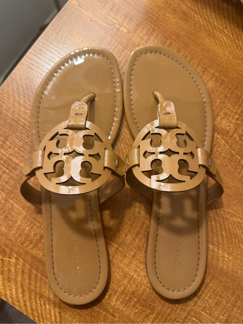 Tory Burch Camel Patent Miller Logo Thong Sandals